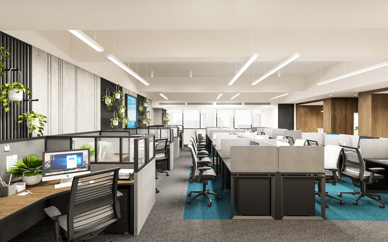 Rows of office desks and steelcase chairs inside Lulu Exchange office in the Philippinesdesigned by DZ Design office interior design