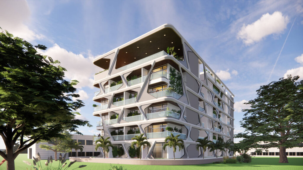 Aurum Residence Exterior Modern multifamily residential building with landscaped terraces in Accra